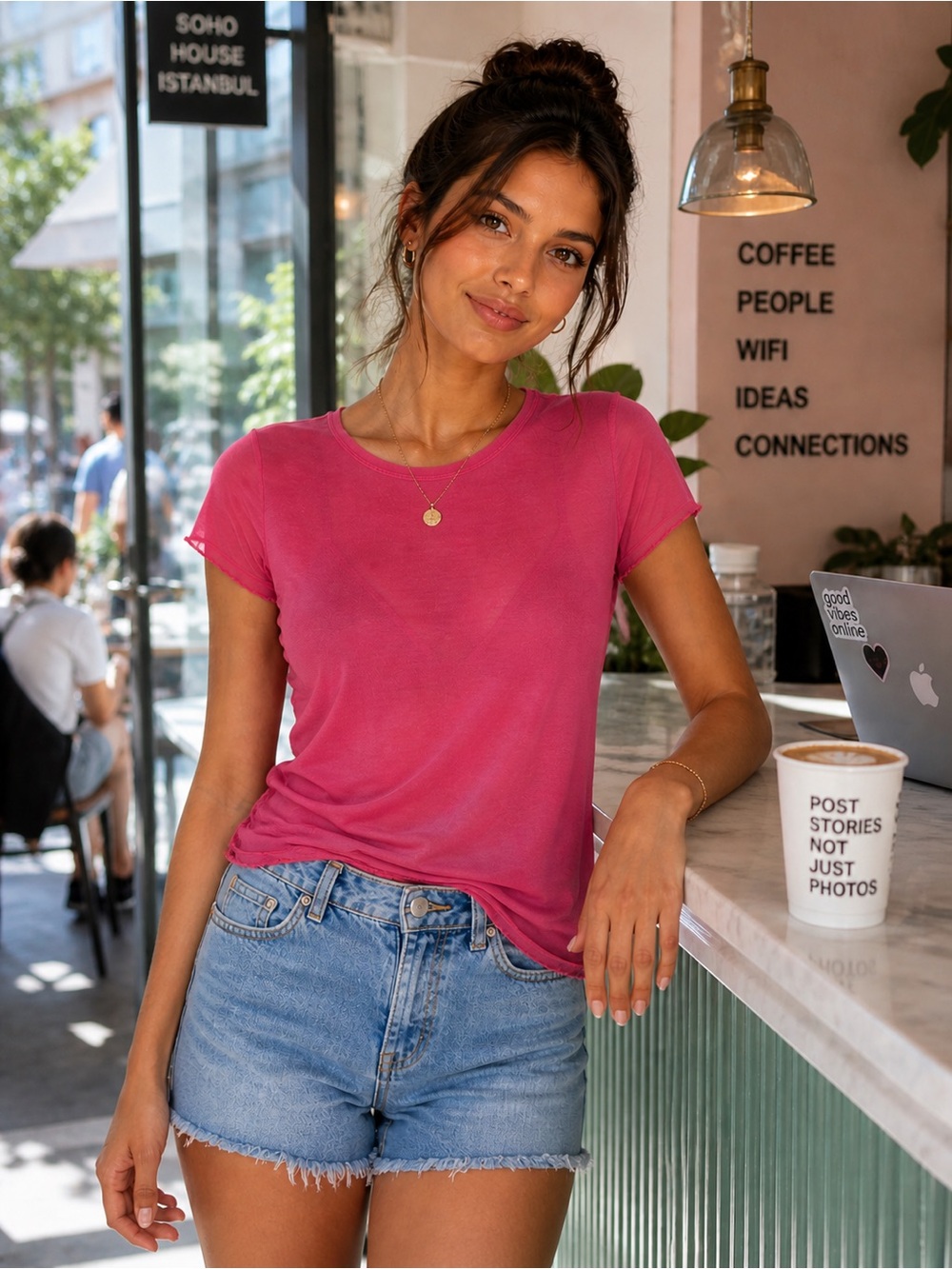 French Connection Magenta Crewneck Cap-Sleeve Tee
